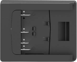 Appareil rectangulaire en plastique gris foncé avec un panneau noir encastré, quatre petites languettes blanches de type loquet, et une fente rectangulaire sur le côté droit.