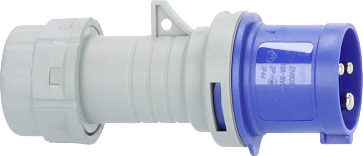 Connecteur de prise électrique industrielle bleu avec entrée de câble grise et languette de montage, présenté sur fond blanc.