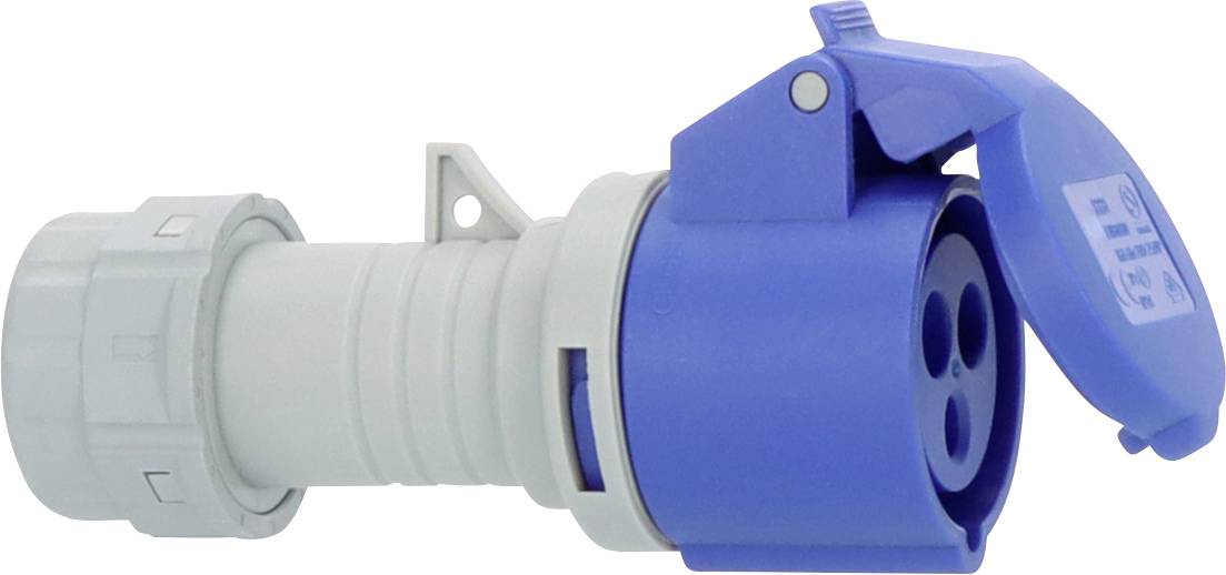Prise électrique industrielle bleue avec couvercle articulé et connecteur de câble gris sur fond blanc.