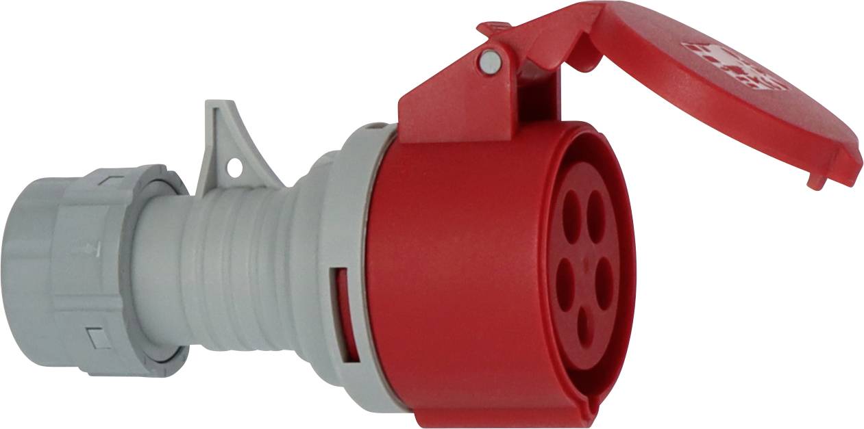 Fiche électrique industrielle rouge avec capot articulé et connecteur de câble gris sur fond blanc.