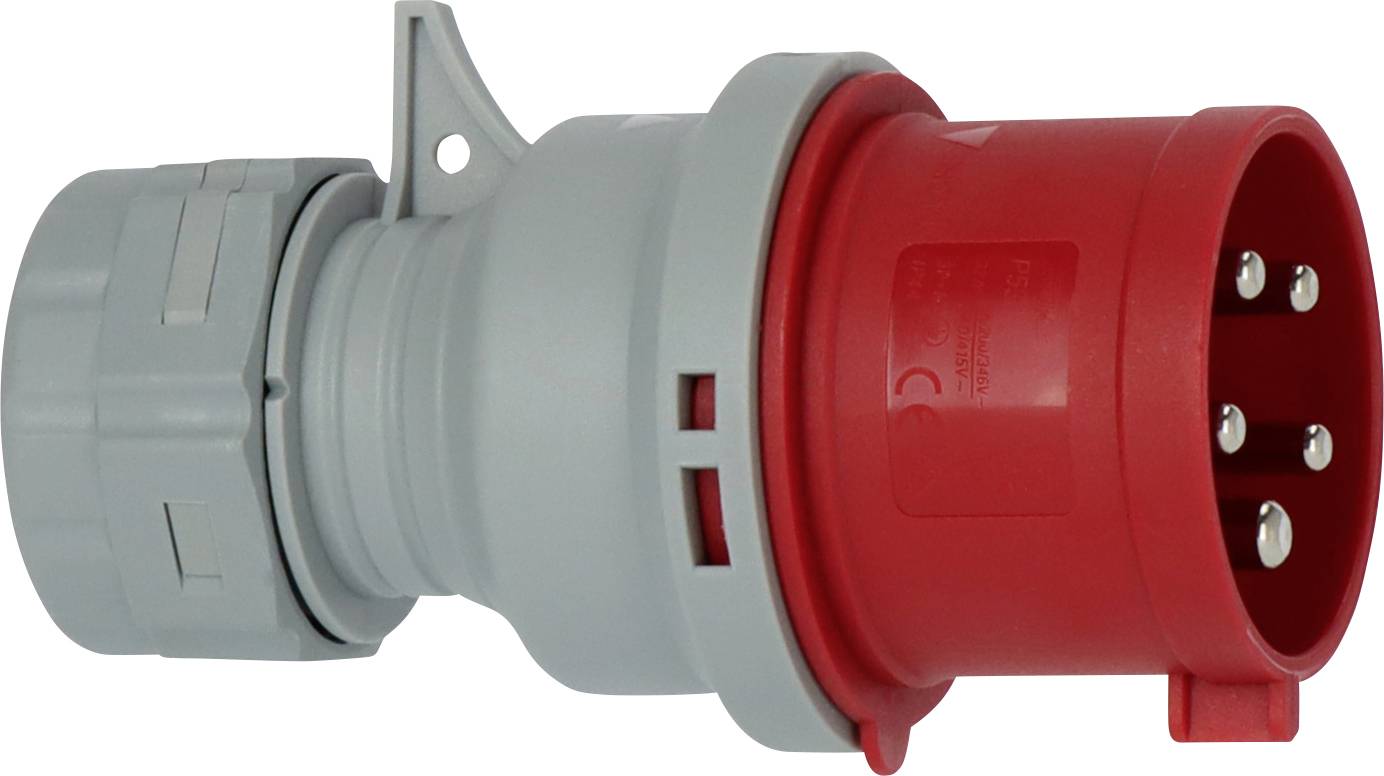 Connecteur d'alimentation électrique industriel avec corps gris et extrémité de prise rouge, présenté isolé sur fond blanc.