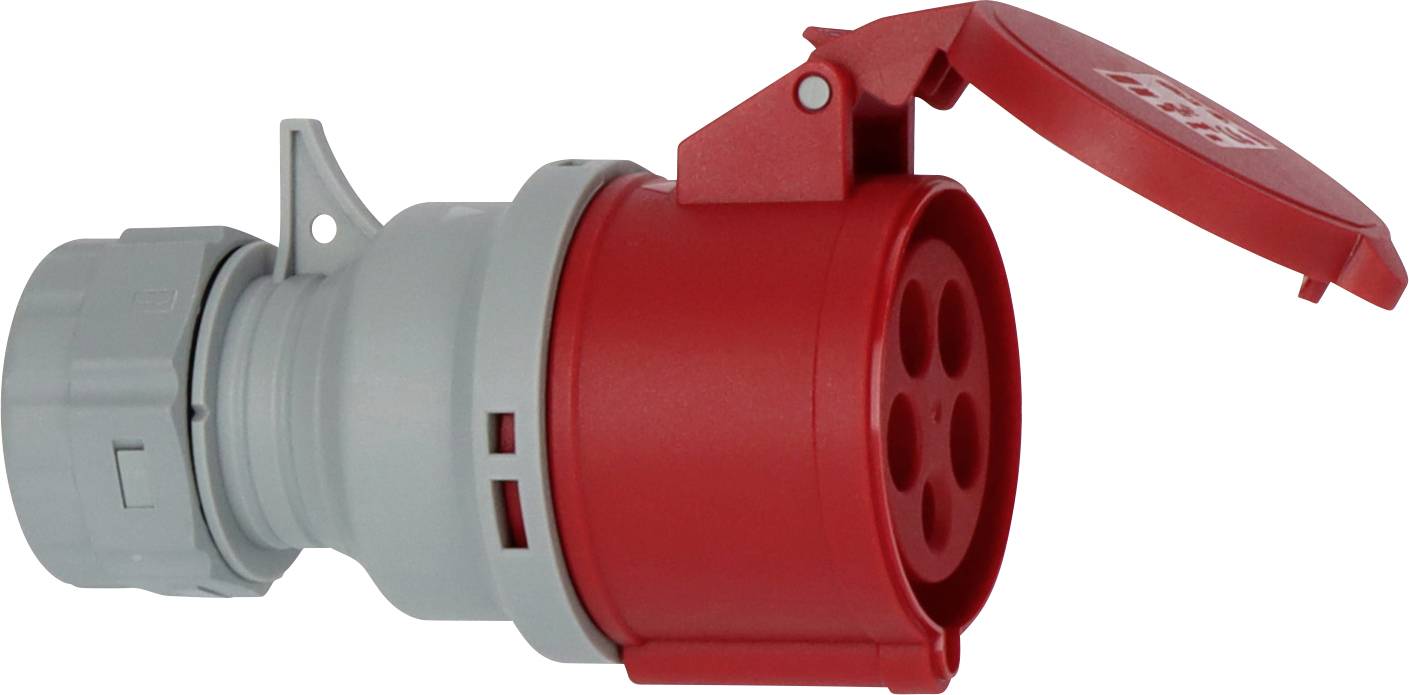 Fiche électrique industrielle rouge avec un couvercle à charnière et un corps de connecteur gris sur fond blanc.