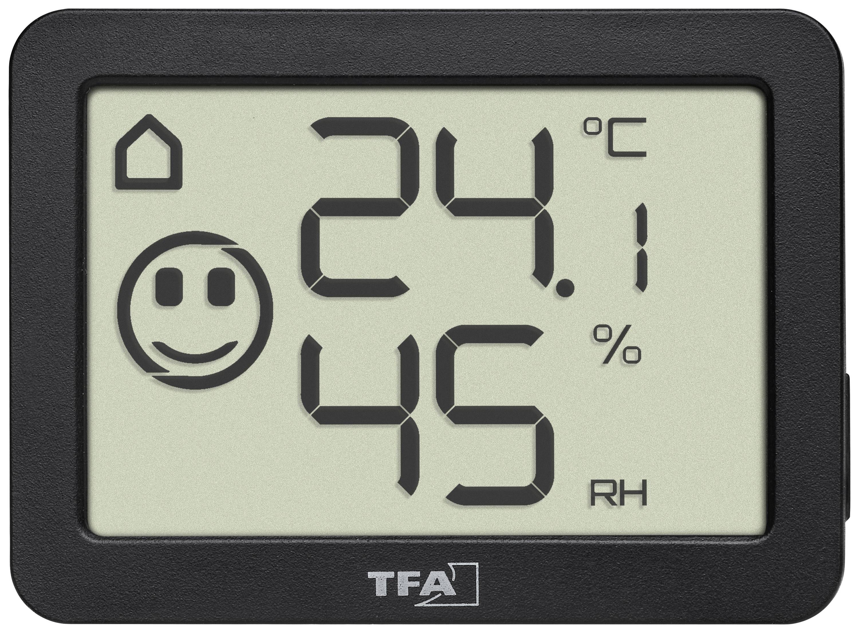 Hygromètre numérique avec affichage LCD indiquant 24,1 degrés Celsius et 45% d'humidité, avec un symbole souriant pour un climat optimal.