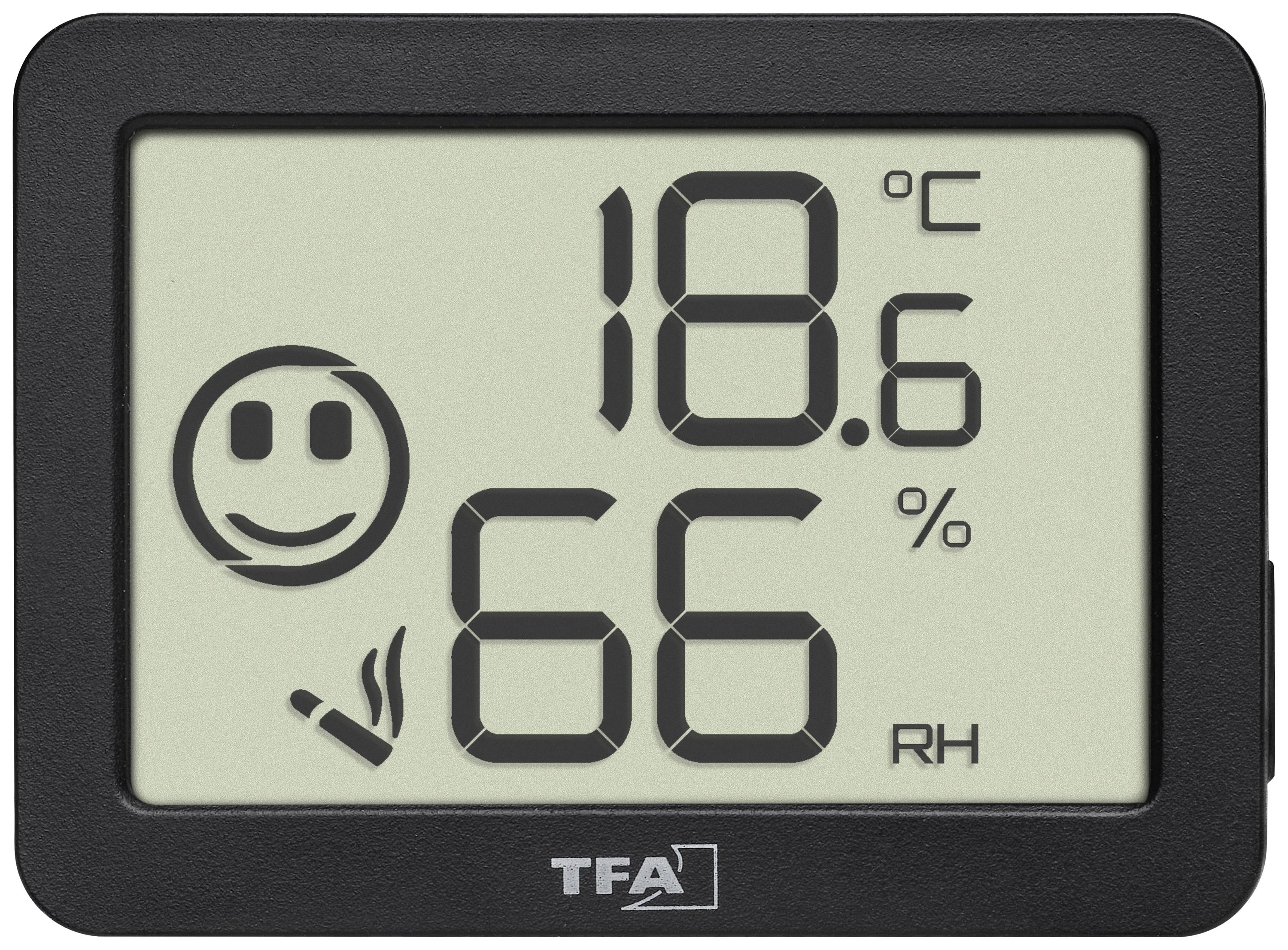 Thermomètre numérique indiquant 18,6 degrés Celsius et 66 pour cent d'humidité. Un visage souriant à côté de la température.