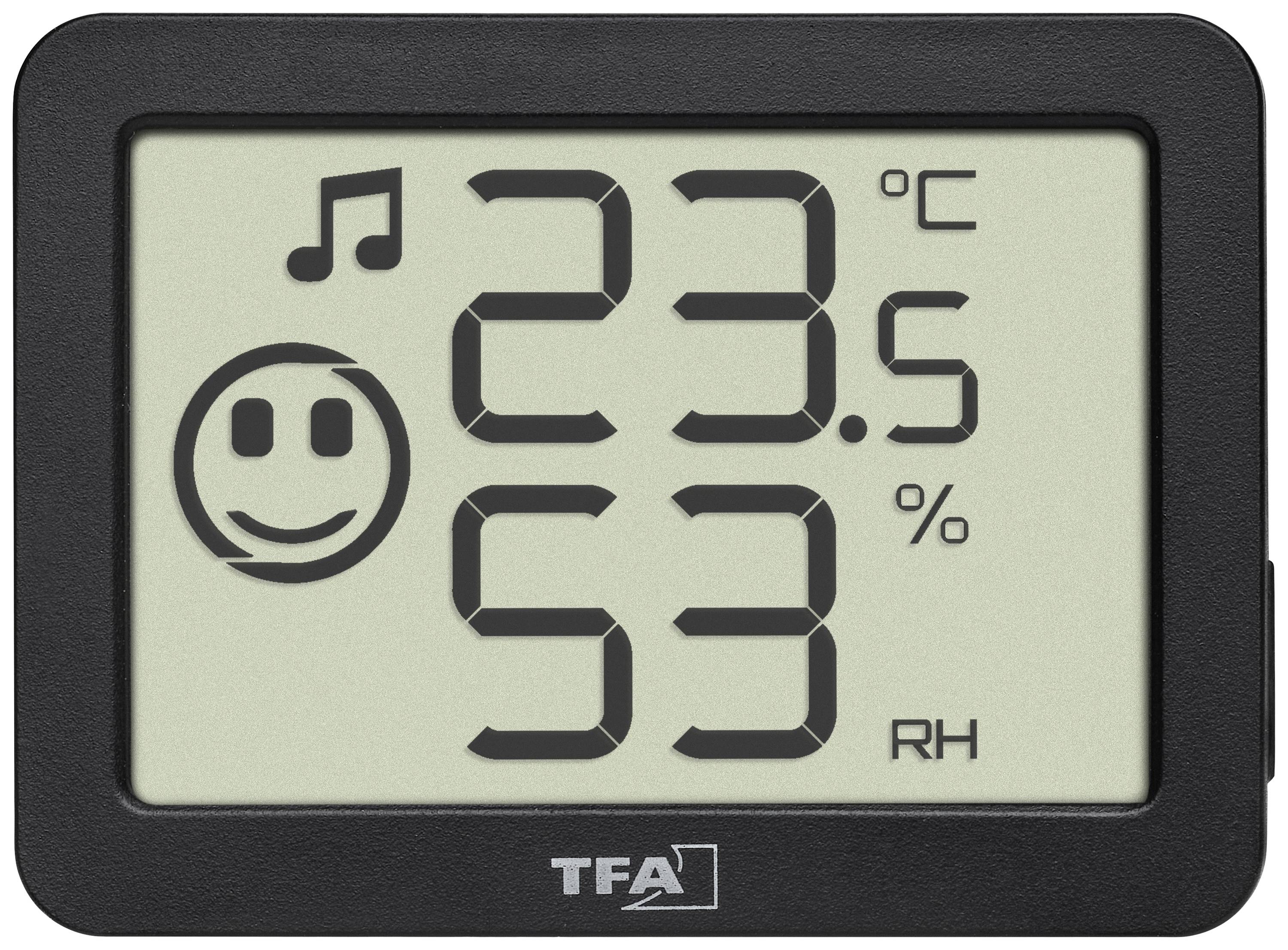 Thermomètre et hygromètre numériques affichant : 23,5 degrés Celsius, 53% d'humidité. Un smiley et une note de musique symbolisent un climat agréable.