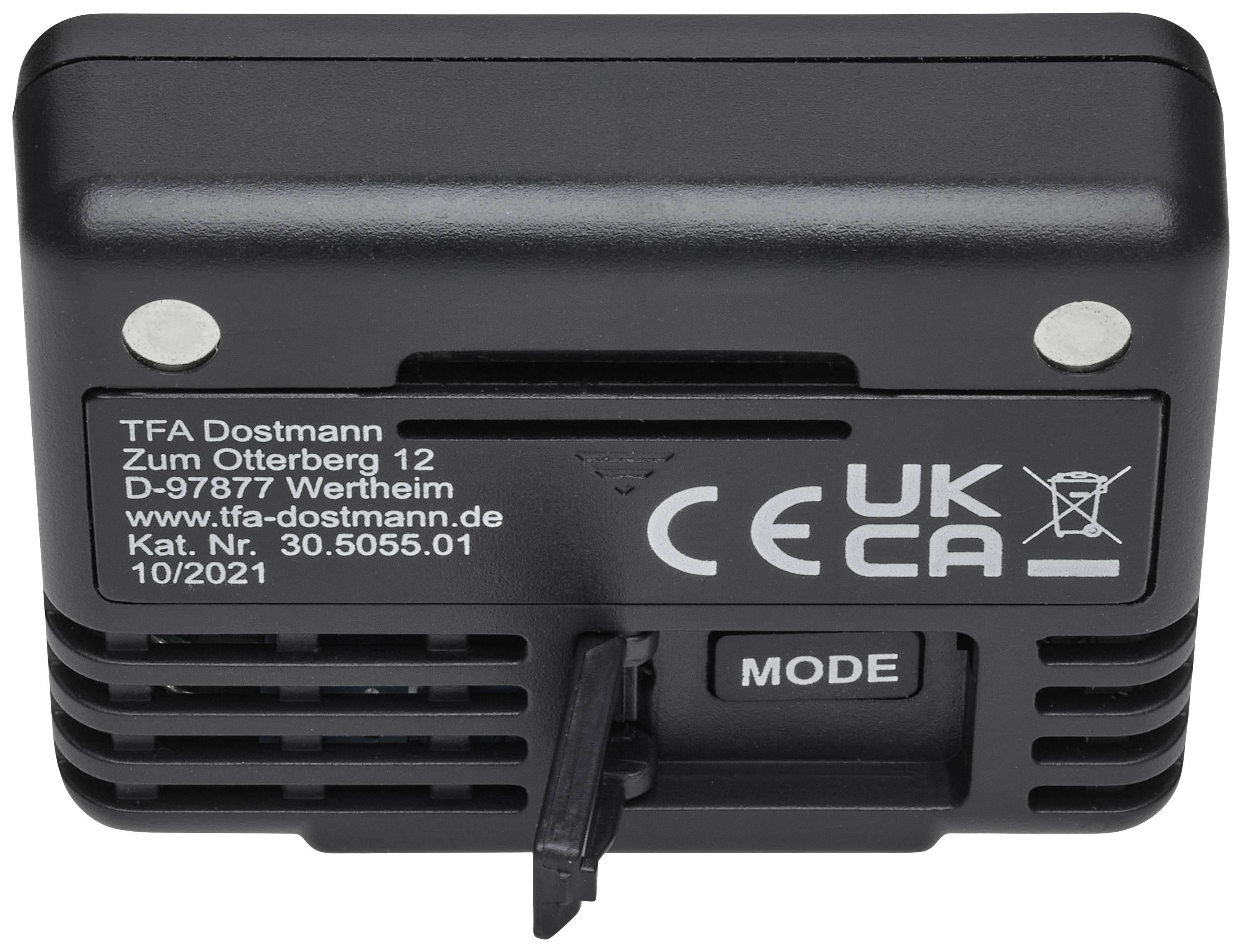 Arrière d'un appareil électronique avec les marques de conformité 'CE' et 'UKCA', fabricant TFA Dostmann, détails de l'adresse et bouton de mode de fonctionnement.