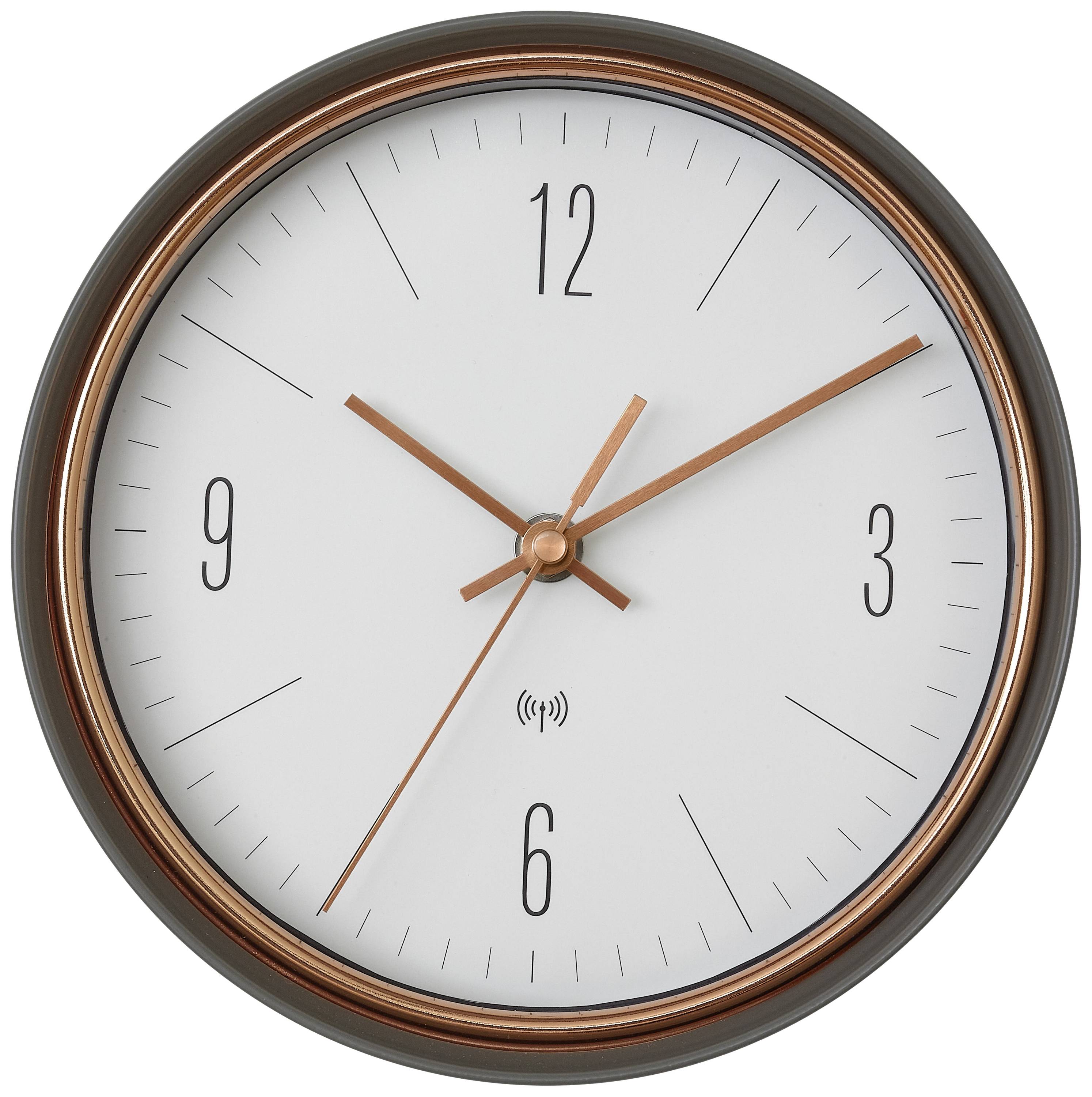 Horloge analogique au cadran noir avec des aiguilles couleur cuivre indiquant 10h10, sans autres marquages ni texte.