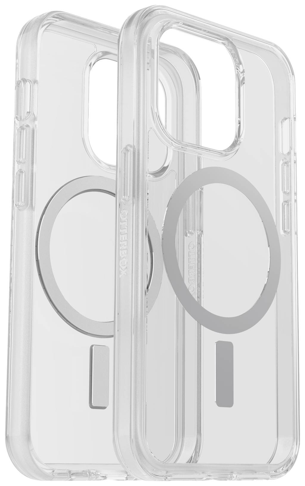 Coque de téléphone transparente compatible avec MagSafe, idéale pour la protection et la charge sans fil. Deux coques sont visibles sur l'image.