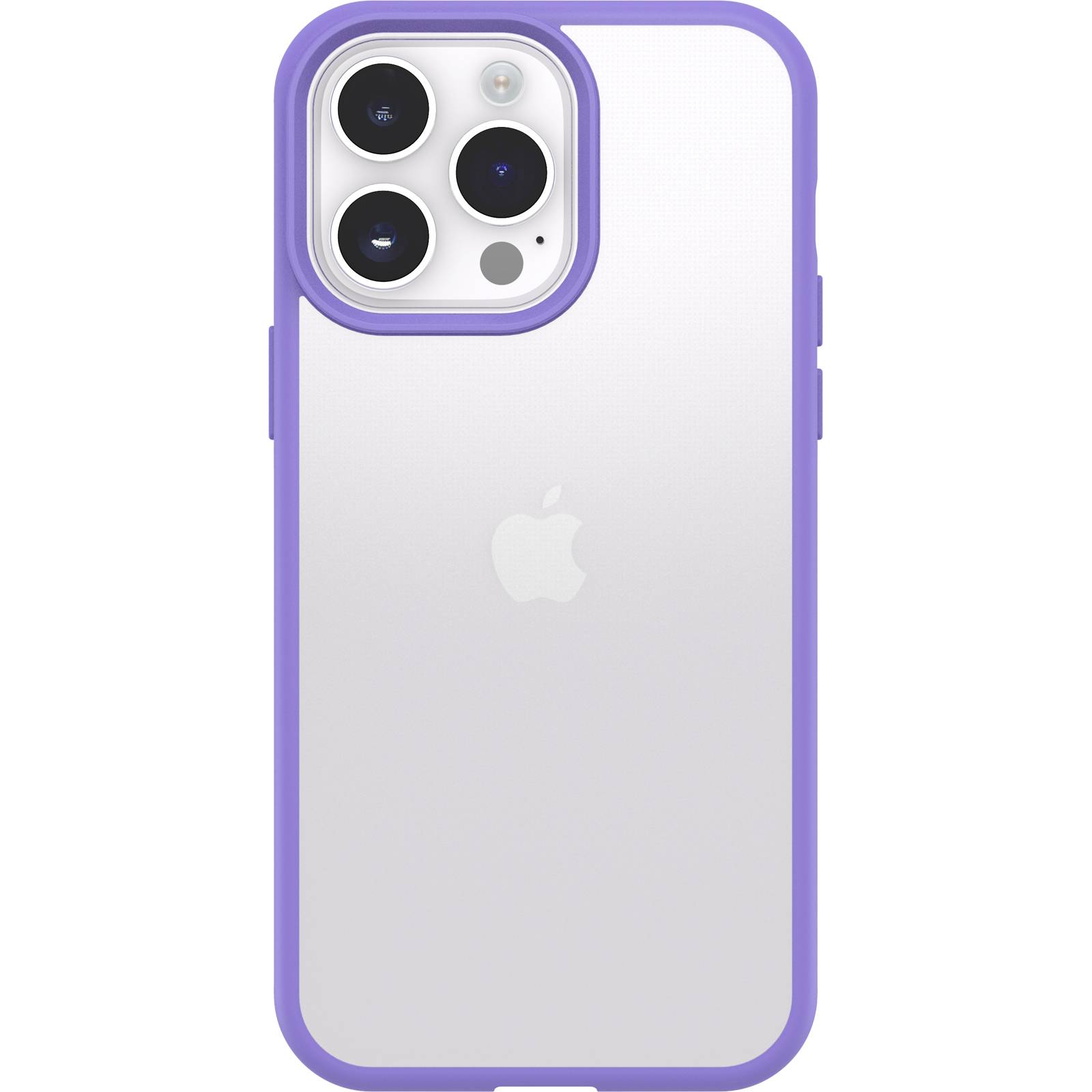 Un smartphone avec une coque de protection violette et un logo de pomme reconnaissable sur l'arrière.