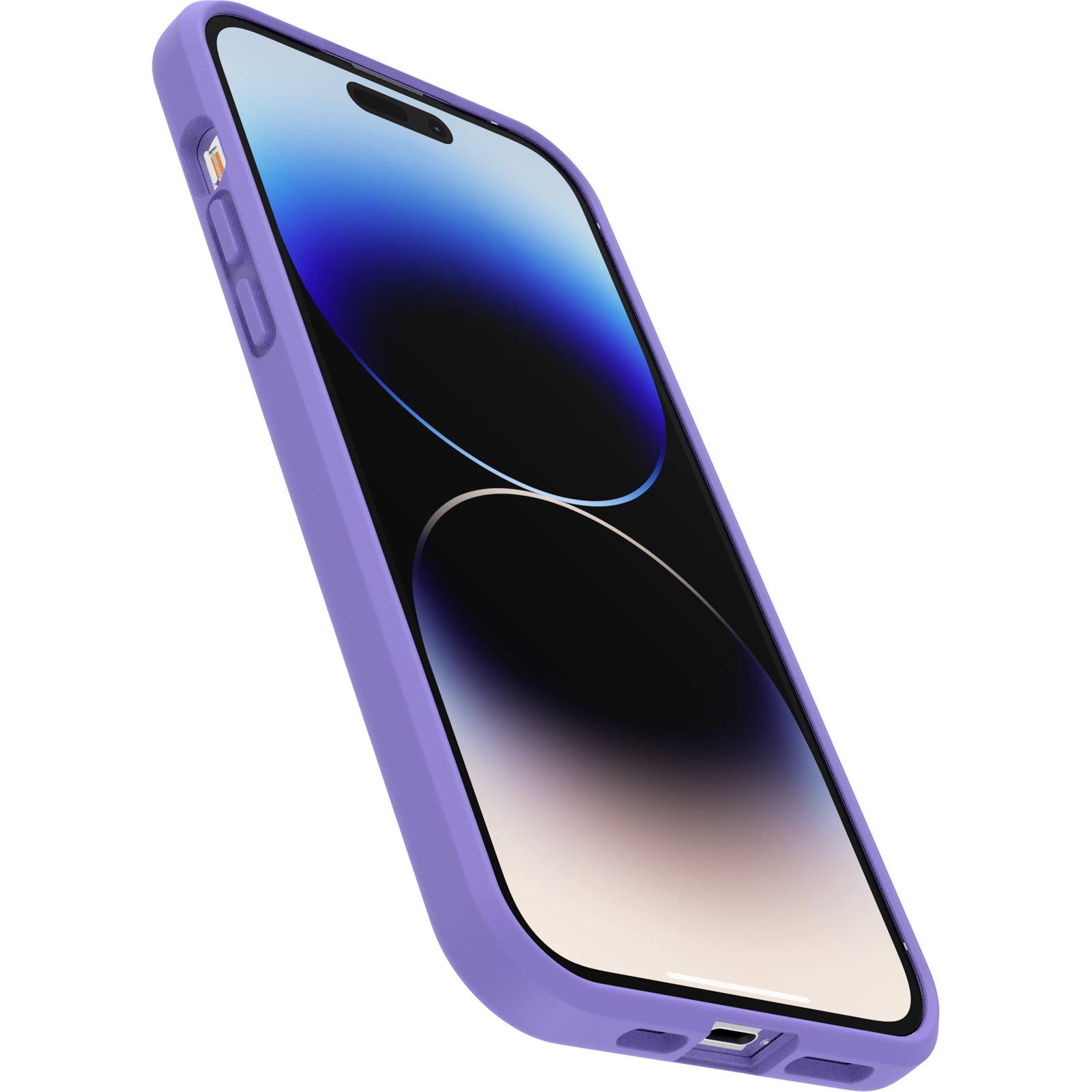 Un smartphone avec une coque violette et des bords arrondis, son écran affichant des motifs abstraits bleus et noirs.