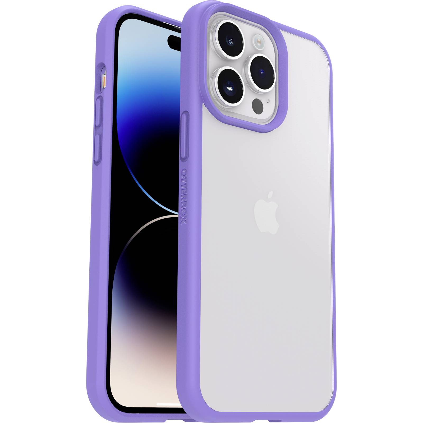 Deux smartphones avec une coque violette, l'un montrant l'écran et l'autre le dos avec les caméras.