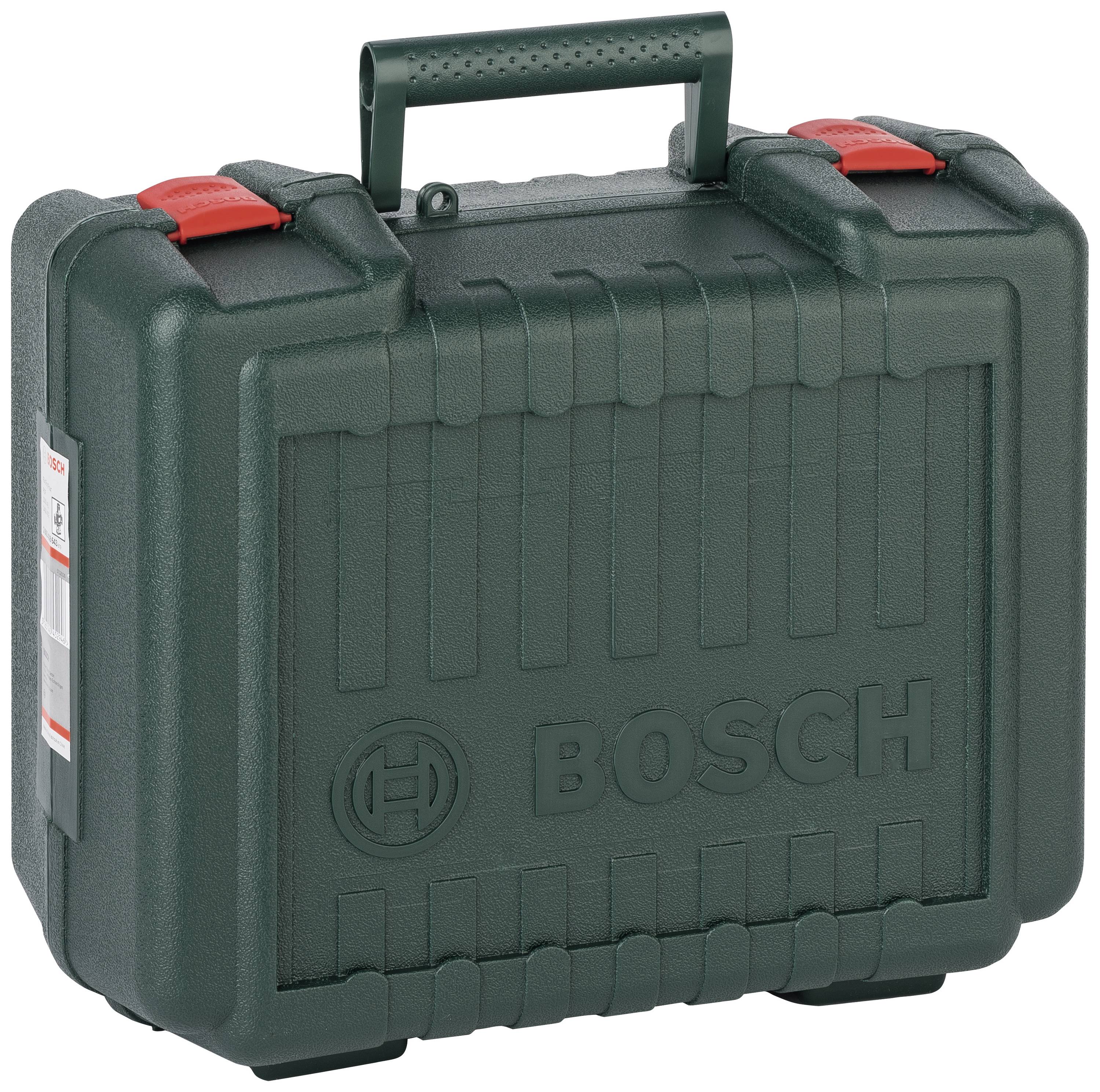 Coffret à outils 'Bosch' en vert foncé avec des fermetures et une poignée rouges, conçu pour un rangement et un transport sécurisés des outils.