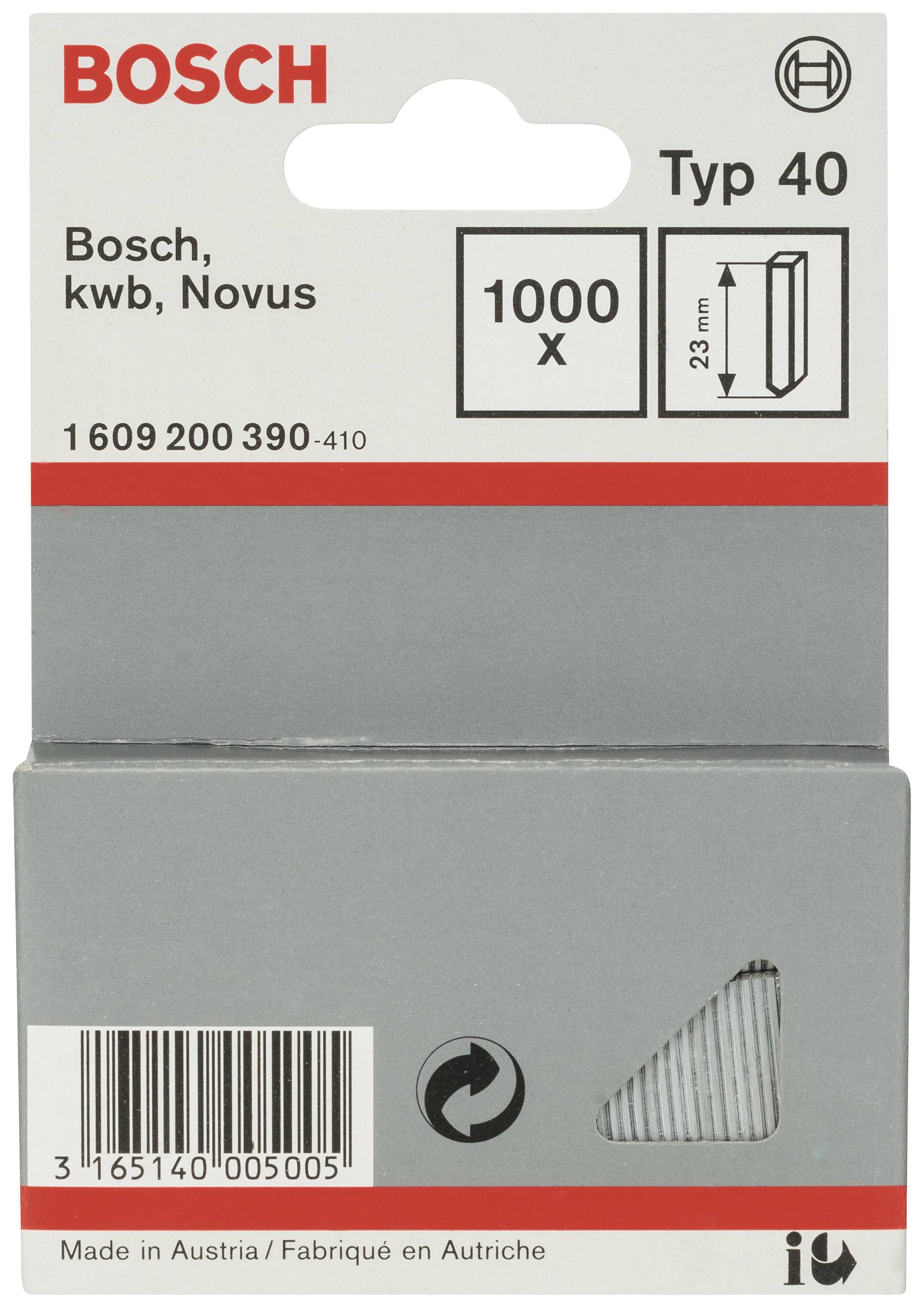 Bosch Agrafes, Type 40, 1000 pièces, pour bureau et bricolage, Taille des agrafes 23 mm, fabriquées en Autriche.