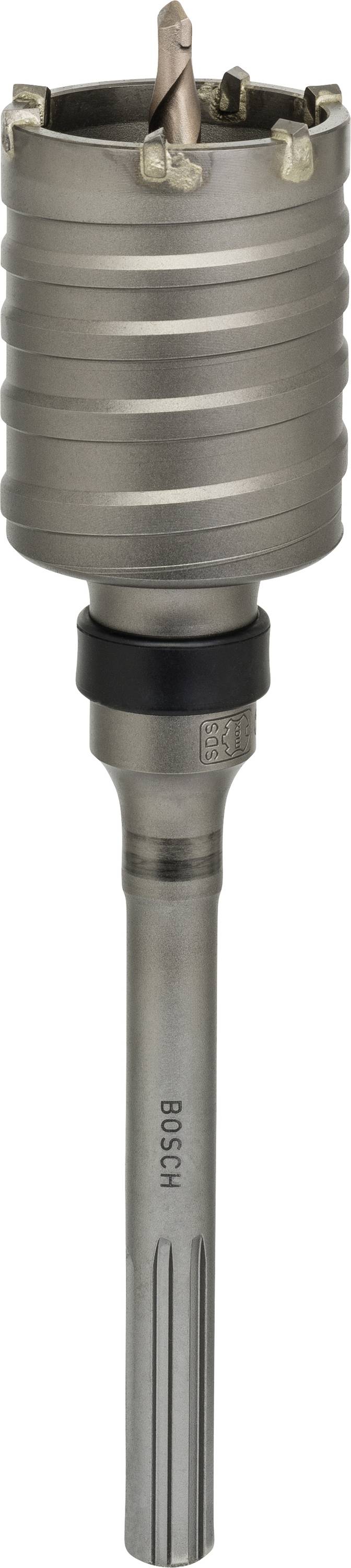 Scie-cloche métallique avec queue SDS-plus et dents en carbure, adaptée pour le perçage de grands trous dans la maçonnerie ou le béton.