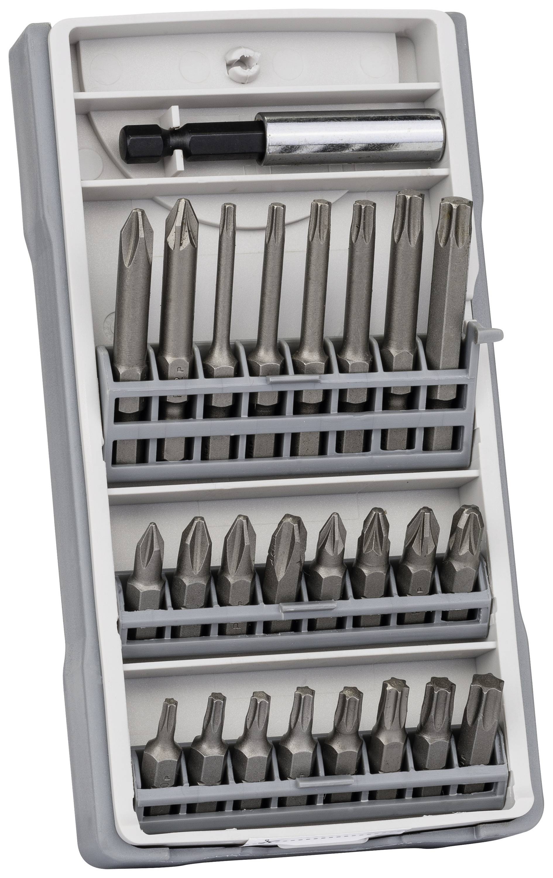 Ensemble d'embouts de tournevis avec différents embouts métalliques dans un boîtier en plastique blanc et gris, organisé en quatre rangées.