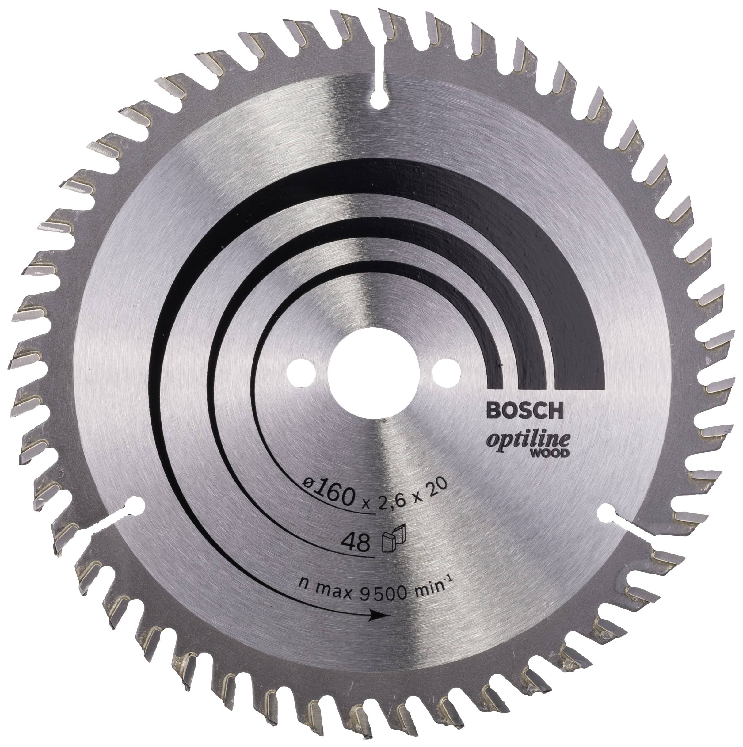 Lame de scie circulaire Bosch Optiline Wood, diamètre 160 mm, 48 dents, vitesse maximale 9 500 tr/min, adaptée aux travaux sur bois.