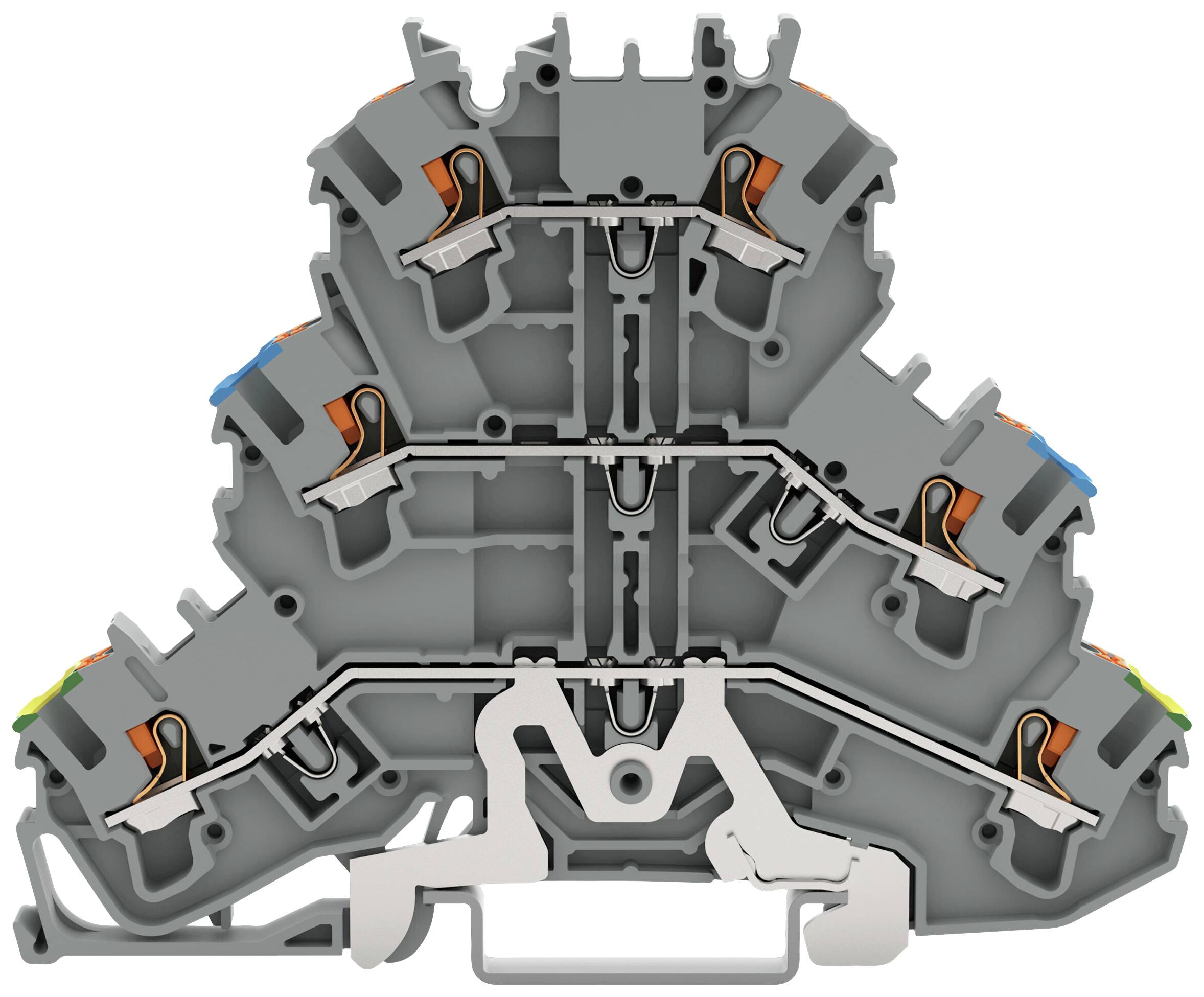 Coupe transversale d'un bloc de connexion électrique multiétage avec des bornes de couleur pour différentes connexions de câbles.