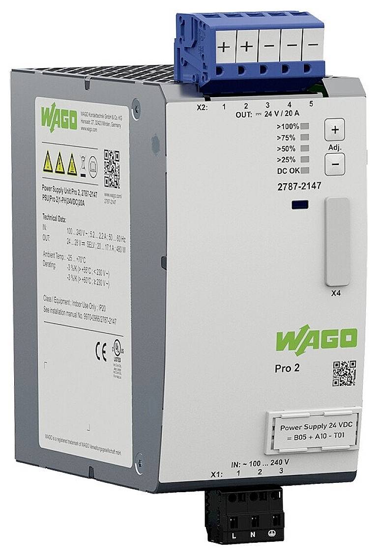 Un dispositif d'alimentation WAGO avec numéros de série et de produit. Vue de face montrant les connexions et les voyants LED pour le statut et les avertissements.