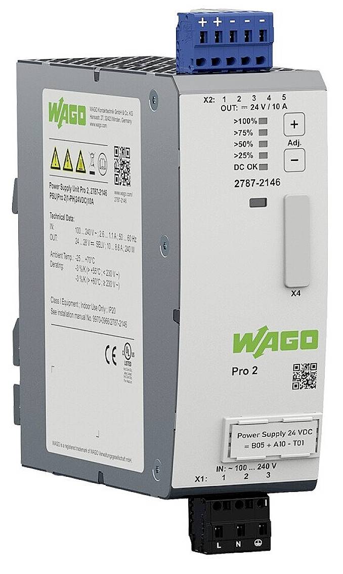 Un bloc d'alimentation industriel WAGO, modèle Pro 2, pour montage sur rail DIN. Il présente des voyants LED pour l'état de puissance et les connexions d'entrée/sortie.