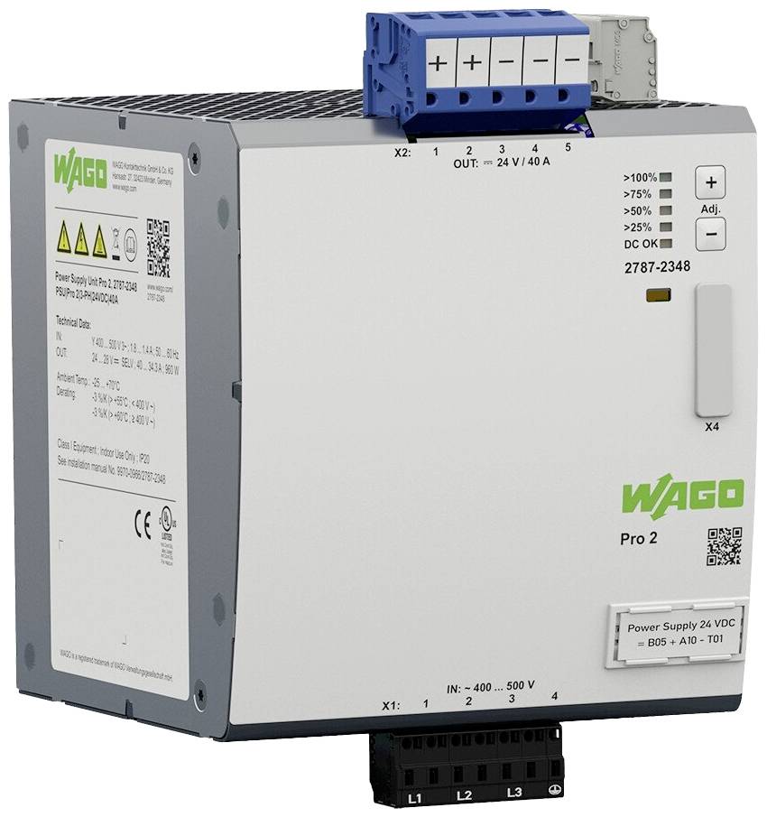 Bloc d'alimentation WAGO Pro 2, avec différentes options de connexion et affichage LED pour la surveillance de l'état, boîtier gris et blanc.