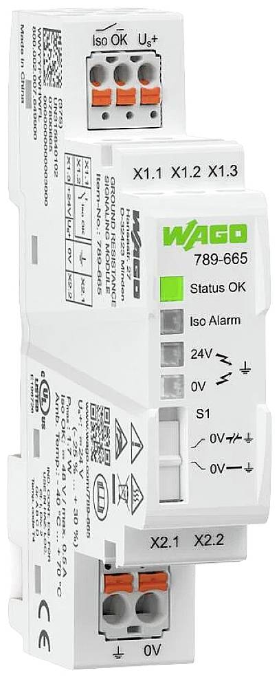 Illustration d'un dispositif de protection contre les surtensions WAGO avec des indicateurs d'état pour 'Iso OK', 'Ue OK', 'Iso Alarm', et des voyants LED.