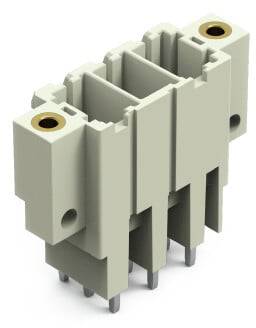 Un connecteur gris-blanc à broches métalliques, utilisé pour établir une connexion électrique entre des composants.