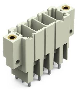Un connecteur blanc multipolaire à six broches, avec une vis de montage sur chaque côté. Utilisé pour les connexions électroniques.