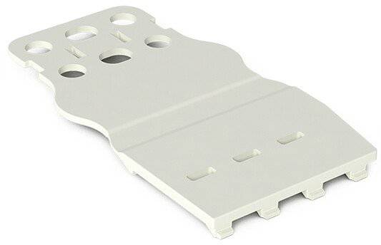 Support rectangulaire blanc en plastique avec plusieurs découpes circulaires et rectangulaires. Adapté pour le montage sur rails.