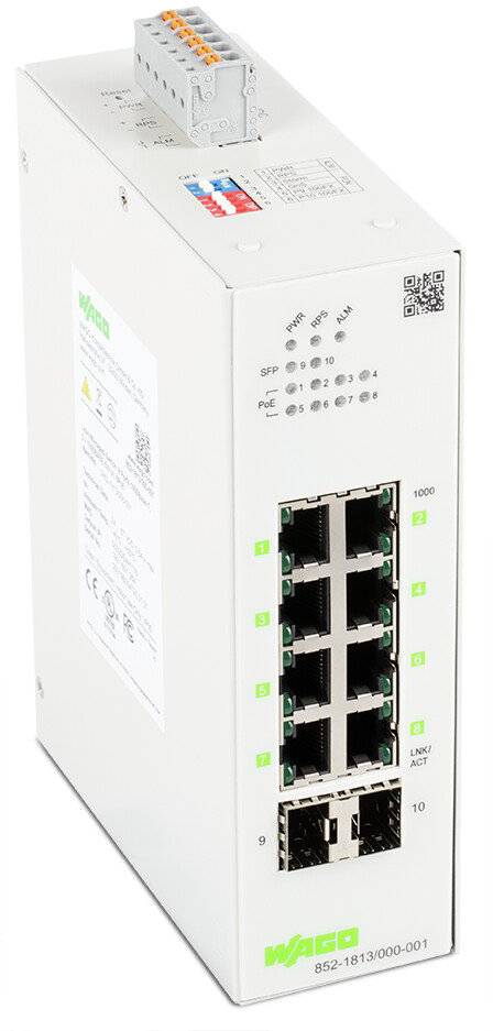 Commutateur réseau avec 10 ports Ethernet et 2 ports à fibre optique. Marquages et voyants lumineux indiquant l'état de connexion sur chaque port.