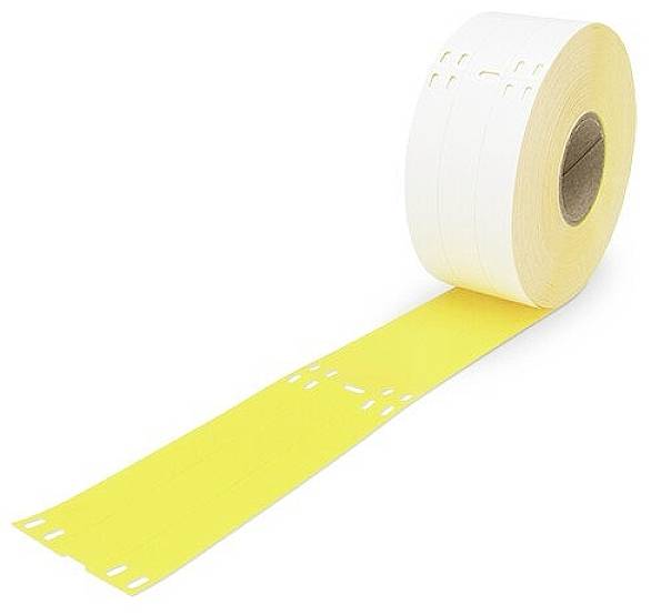 Un rouleau d'étiquettes jaunes avec des lignes de séparation blanches perforées, prêt à être découpé et personnalisé.