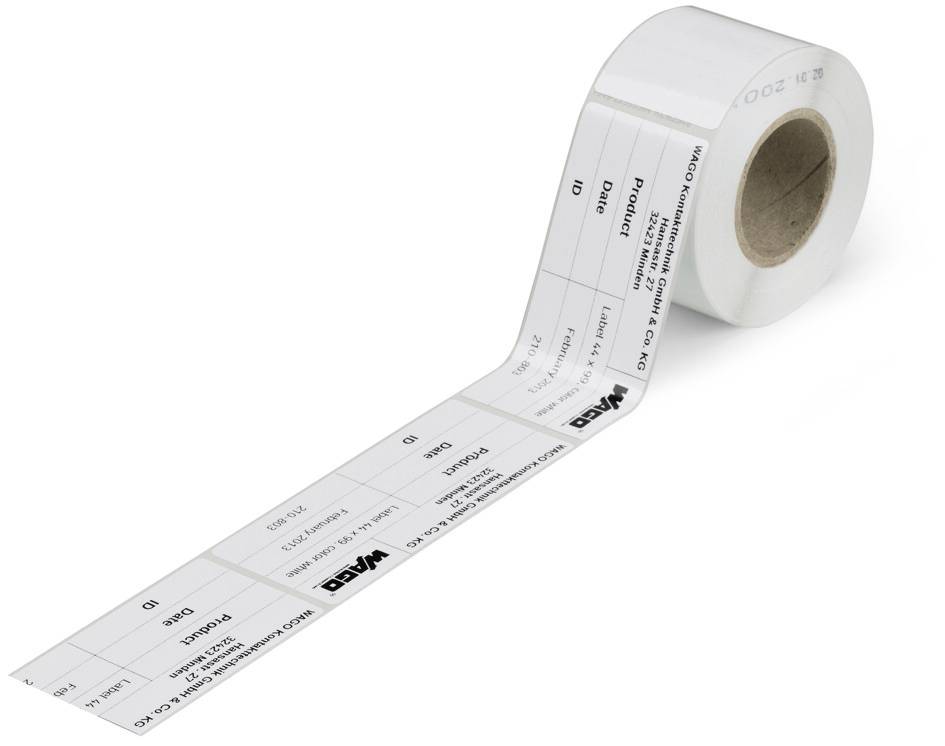 Rouleau de papier avec étiquettes imprimées pour codes-barres et numéros d'identification. Comprend des champs pour le nom du produit, la date et d'autres détails.