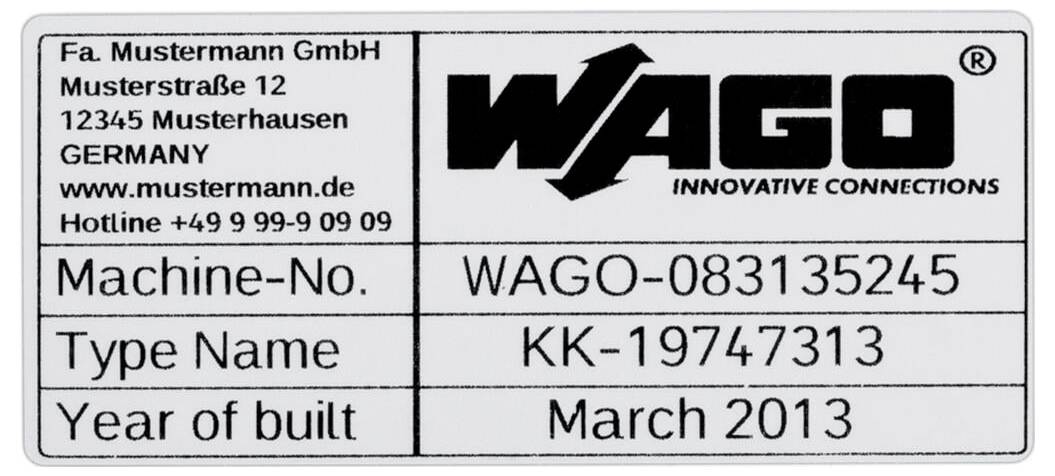 L'étiquette affiche les coordonnées de la société Mustermann GmbH et les détails d'un appareil : Numéro de machine 'WAGO-083135245', Type 'KK-19747313', Année de construction 'Mars 2013'.