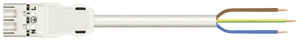Un câble électrique tripolaire avec connexion enfichable, présentant des conducteurs marron, vert-jaune et bleu, destiné au câblage électrique.