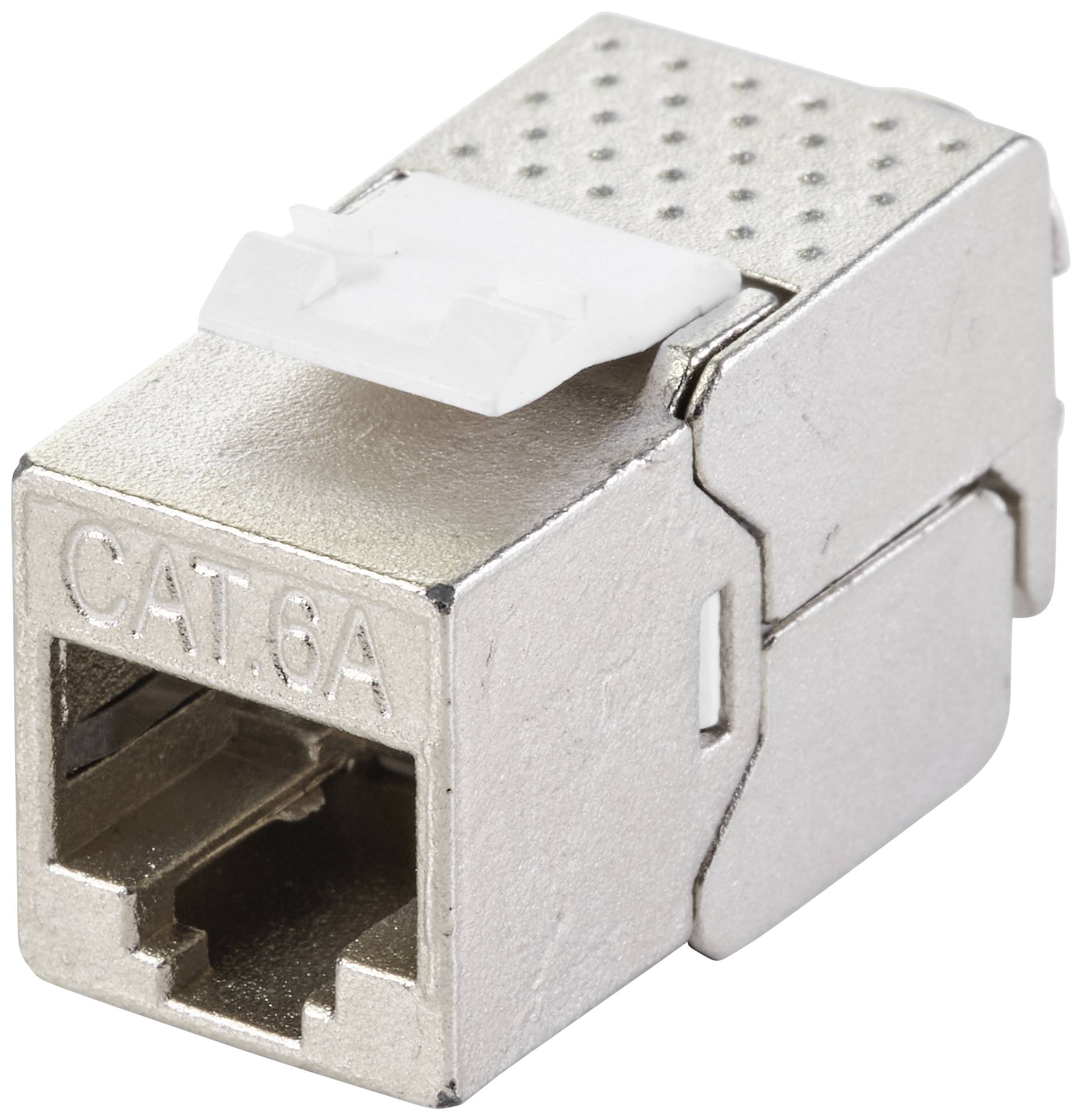 Un module RJ45 CAT.6A argenté avec un obturateur en haut, adapté au câblage Ethernet.