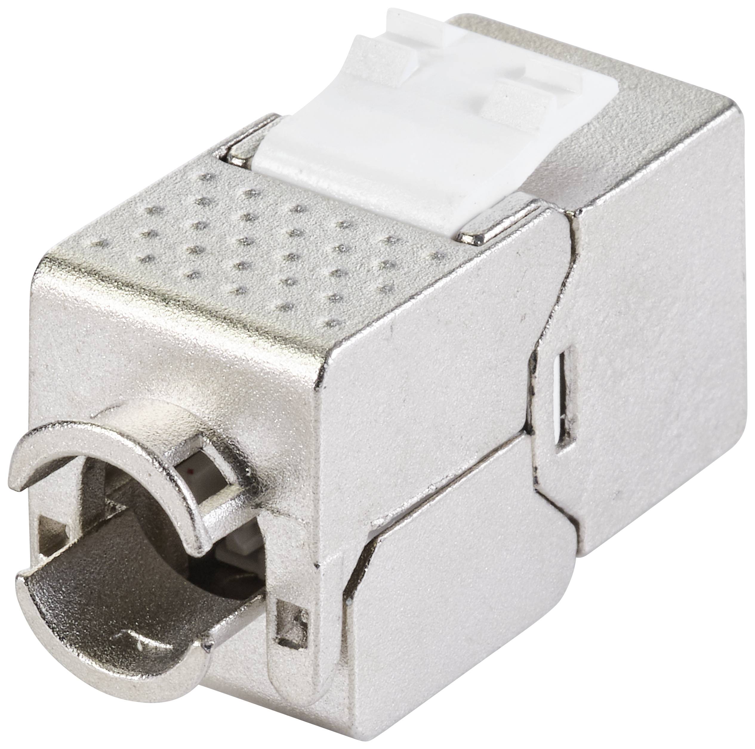 Module de connexion réseau métallique, forme rectangulaire, avec mécanisme de verrouillage blanc en haut, adapté aux connexions Ethernet.