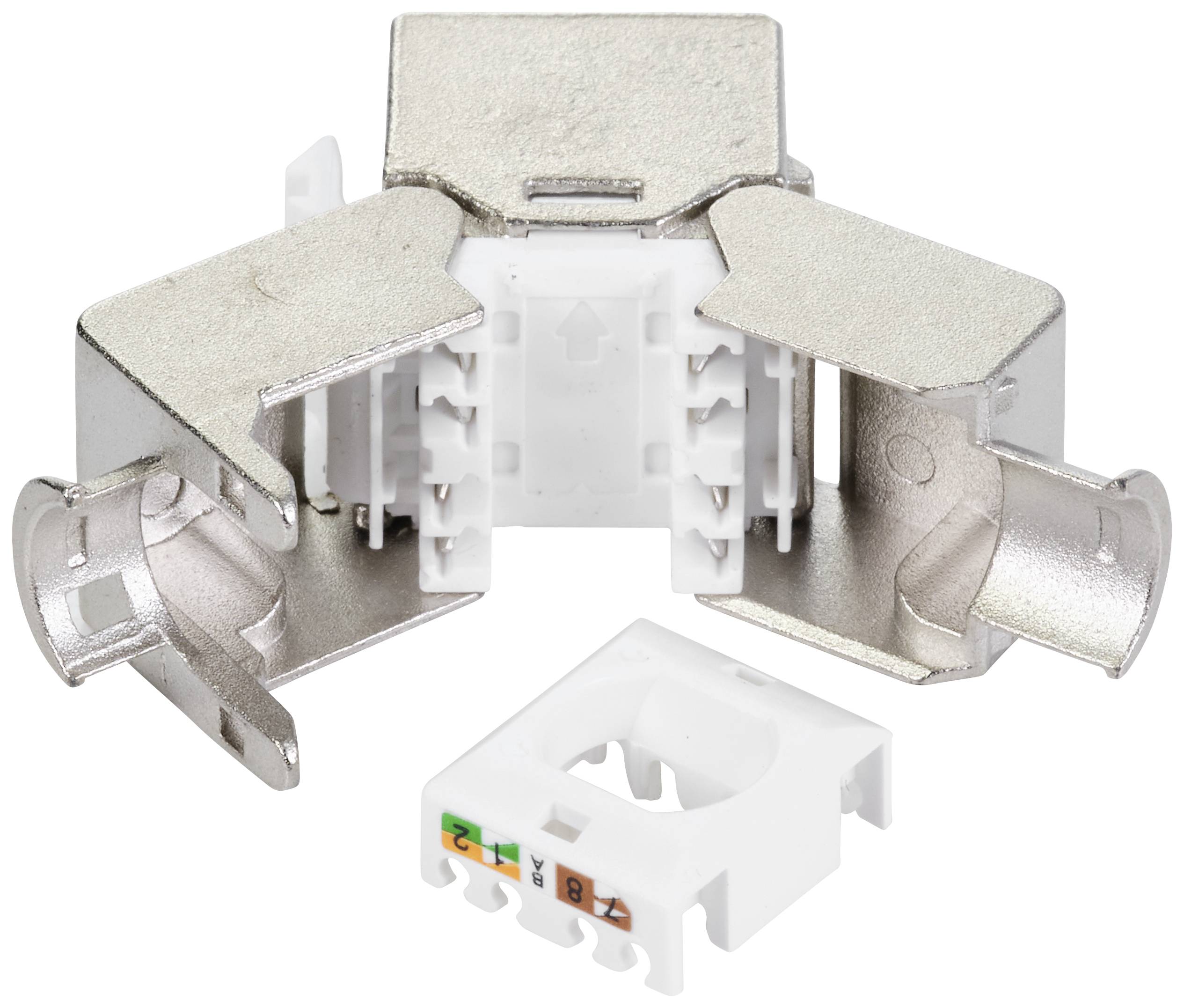 Un connecteur métallique de câble avec un couvercle en plastique amovible montre différentes connexions et codifications par couleur pour le câblage.