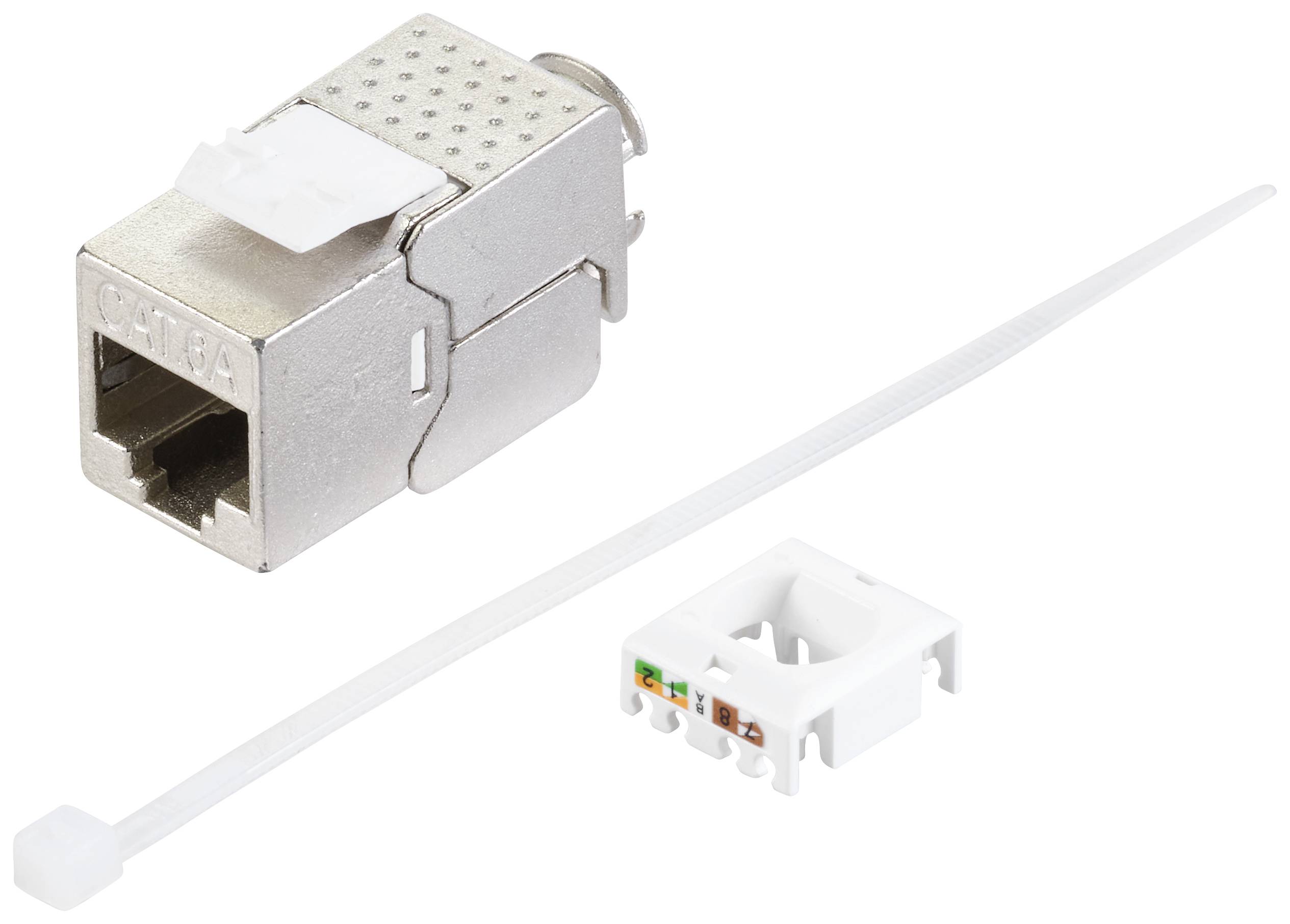 Un connecteur réseau RJ45 en métal avec un serre-câble en plastique blanc et un cache-attache de câble blanc posé à côté.