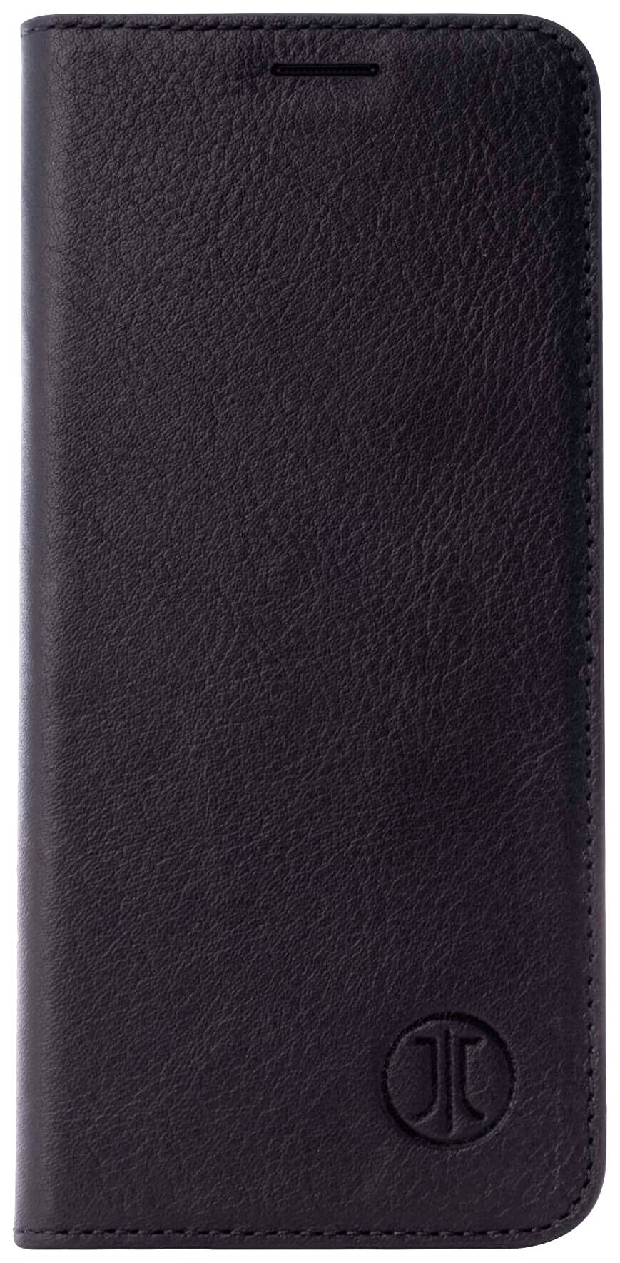 Étui de smartphone noir en cuir avec logo estampé sur la face avant, présenté fermé.