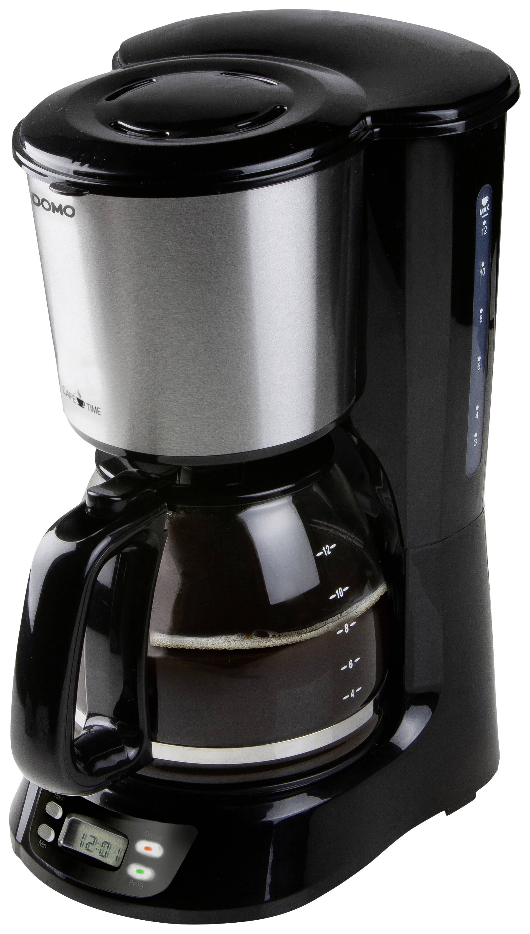 DOMO DO1065K Cafetière noir, acier inoxydable Nombre de tasse=12 écran, minuteur, verseuse en verre