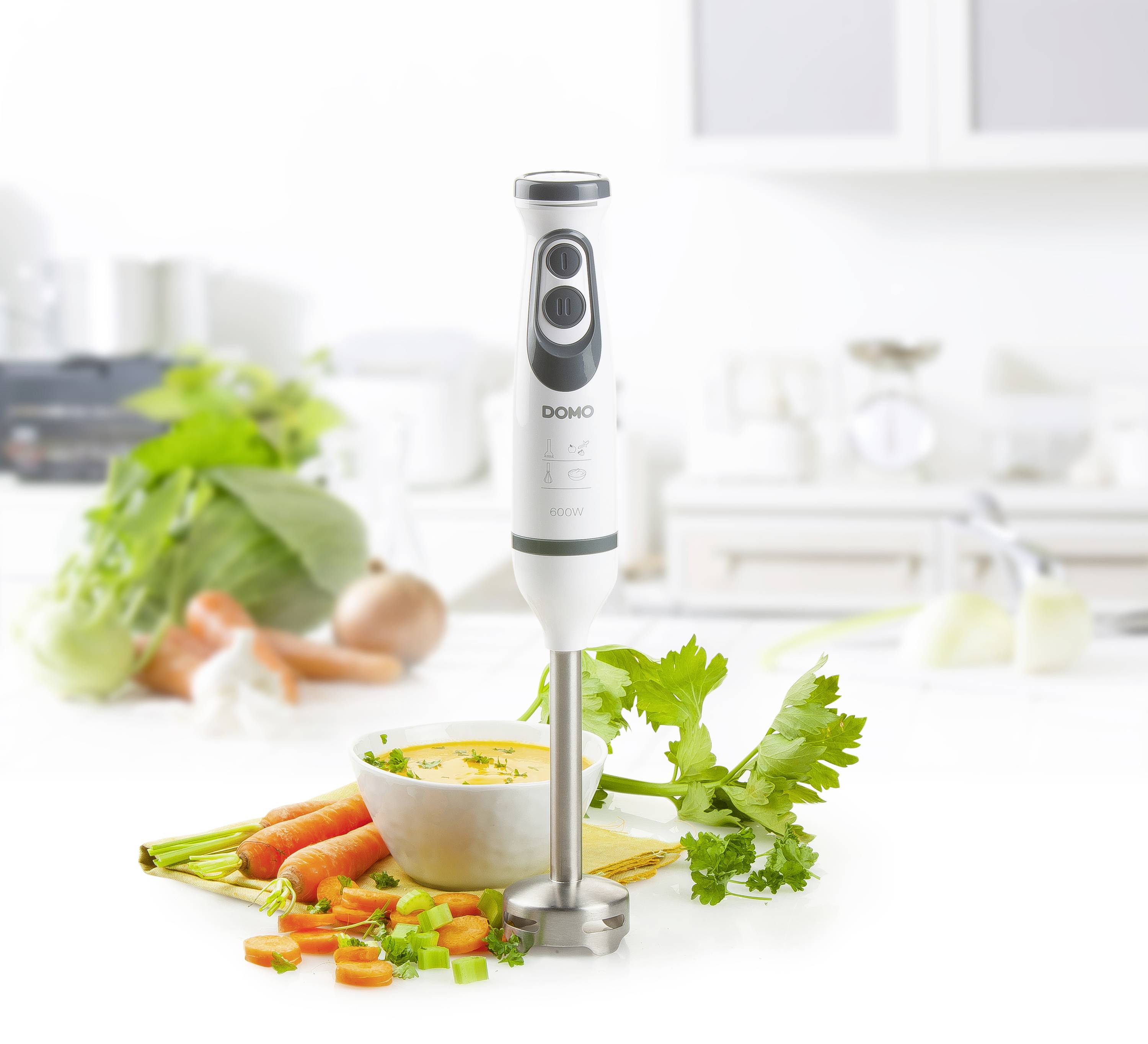 DOMO DO1089M Mixeur plongeant 600 W avec verre doseur, mixeur plongeant pour soupes, fouet , avec embout hâchoir blanc