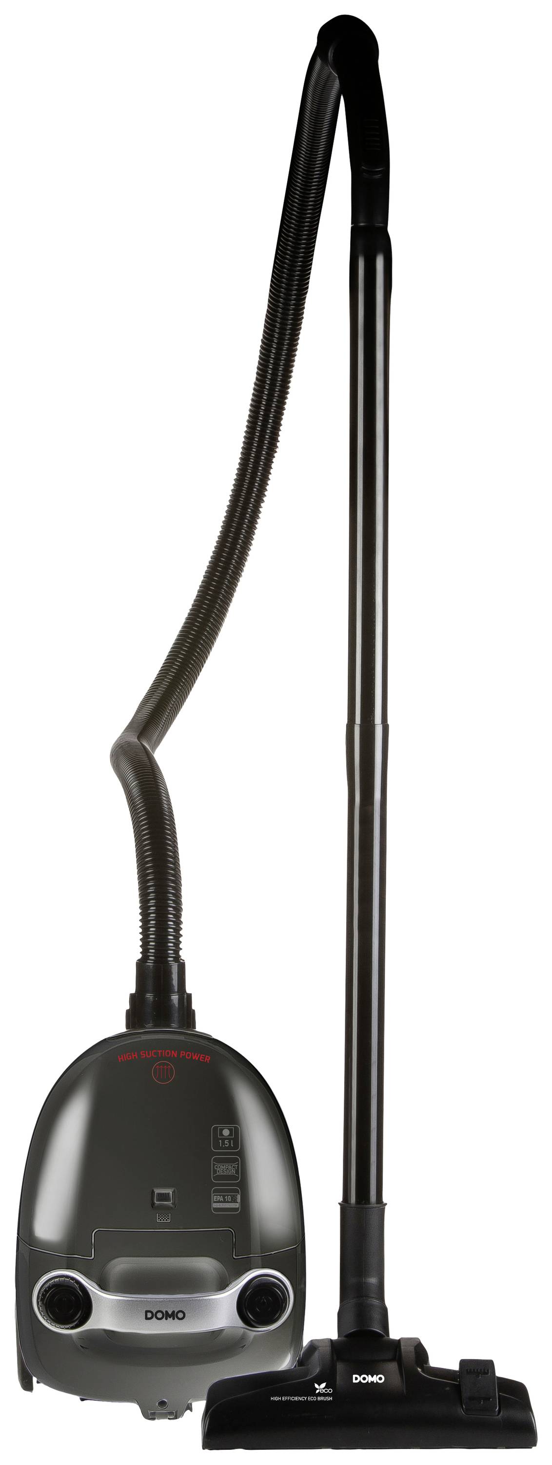 Un aspirateur noir avec un long tuyau et une brosse de sol, vu de profil. Idéal pour les sols durs et les tapis.