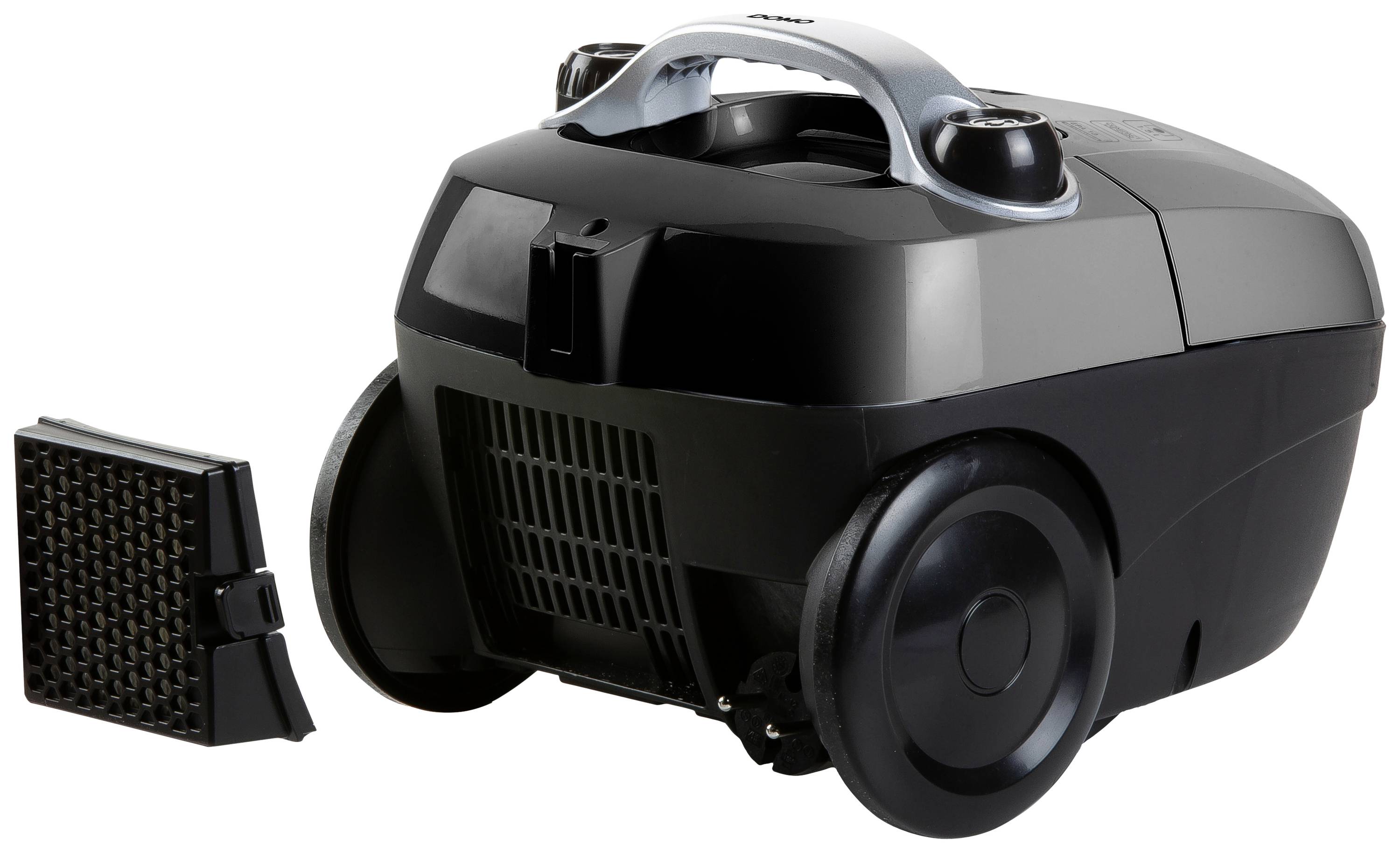 Aspirateur noir avec filtre retiré sur le côté gauche. Deux grandes roues et une poignée visibles en haut.