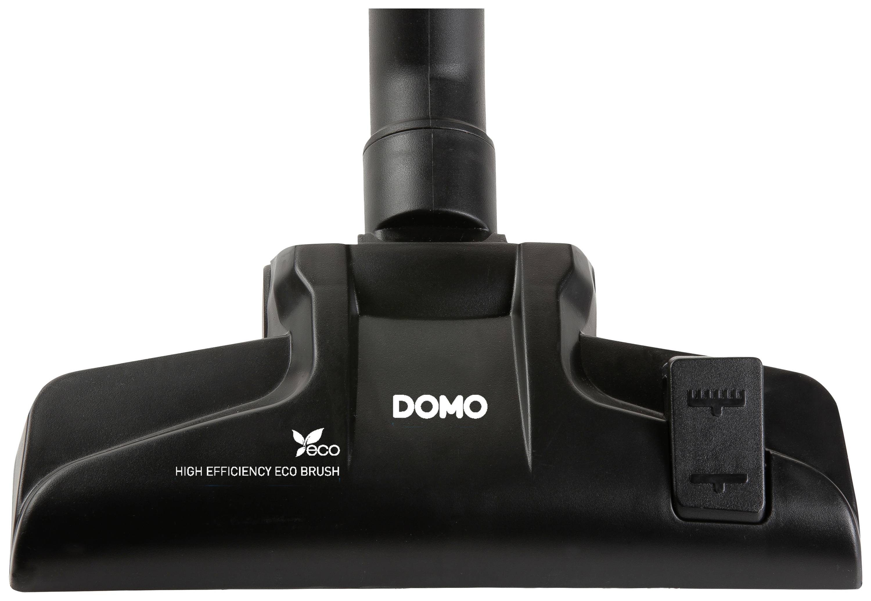 Buse d'aspirateur noire avec le logo 'DOMO' et 'HIGH EFFICIENCY ECO BRUSH'. Adaptée pour un aspirage efficace et écologique.