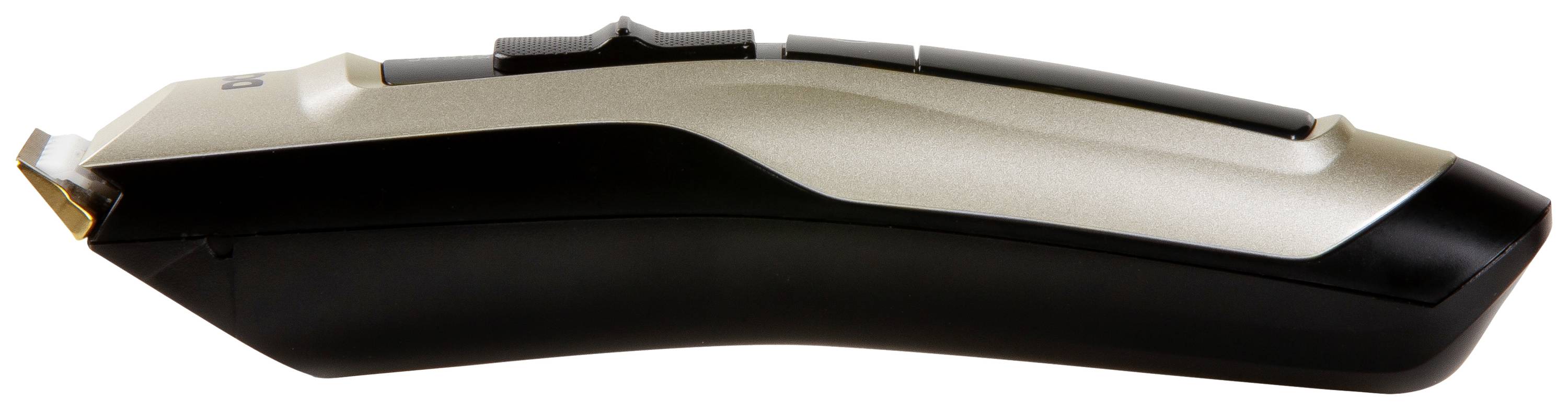 Un tondeuse à cheveux électrique de couleur noir et argent, avec des lames à l'avant et une poignée ergonomique.