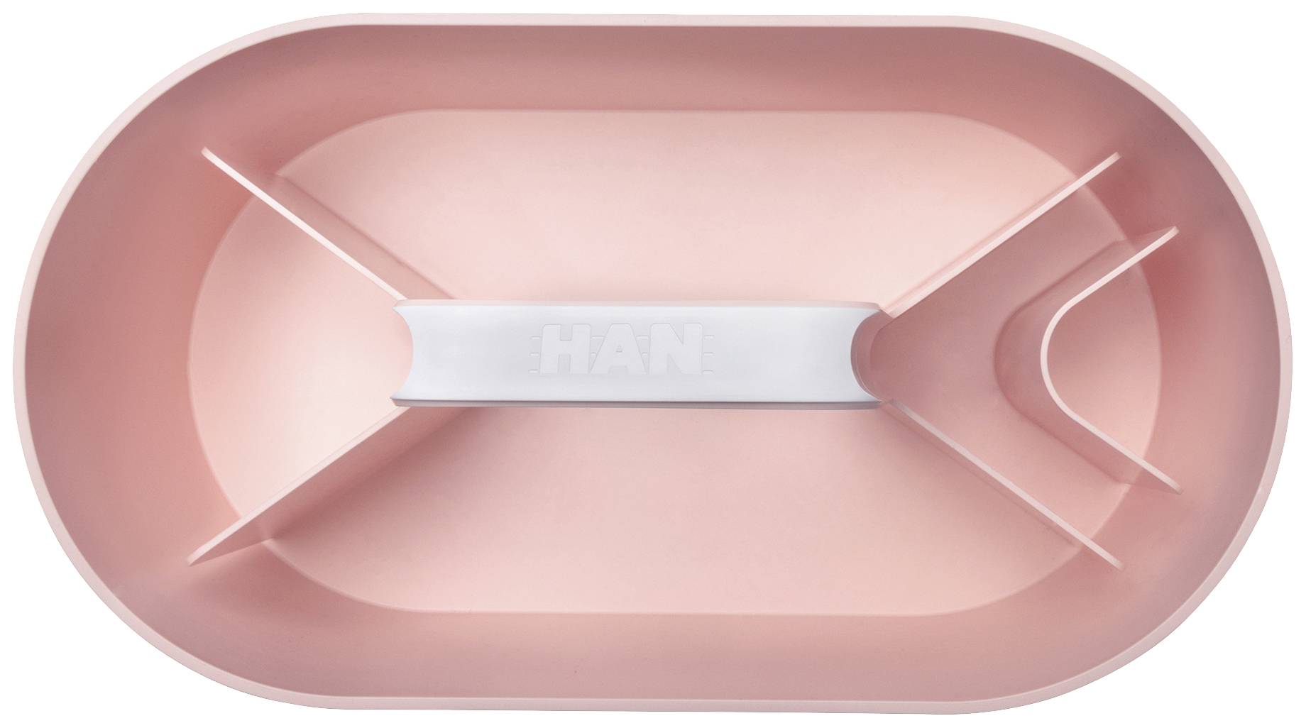 Un organisateur rose pâle, de forme ovale, composé de trois compartiments et doté d'une poignée blanche au centre.