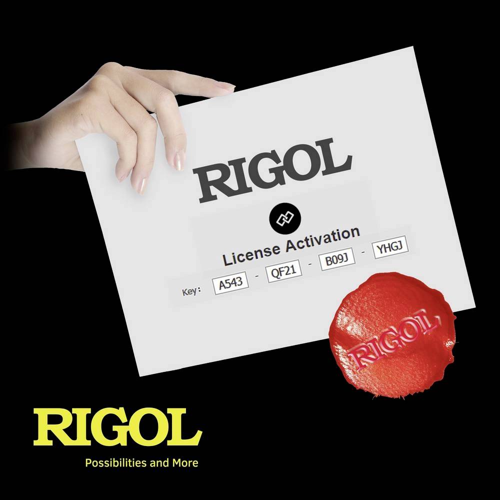 Une main tient une licence d'activation portant l'inscription 'RIGOL', avec le code en dessous : 'A543', 'QFZ1', 'B09J', 'YHGJ'. Un sceau de cire rouge se trouve en bas à droite. Un logo est situé en bas à gauche.