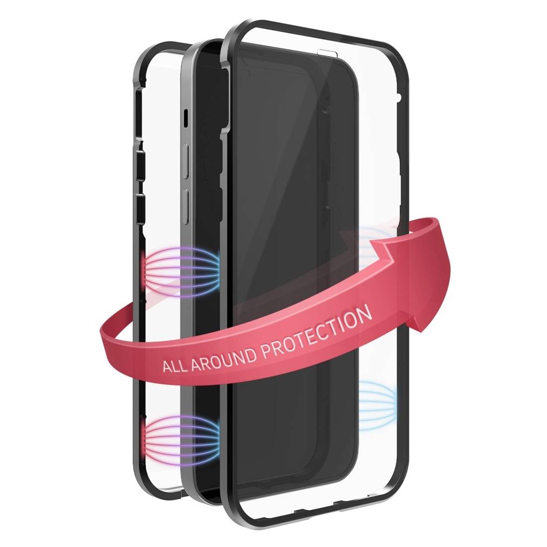 Smartphone dans un boîtier de protection transparent avec une flèche rouge et le texte 'Protection intégrale', symbolisant une protection complète.