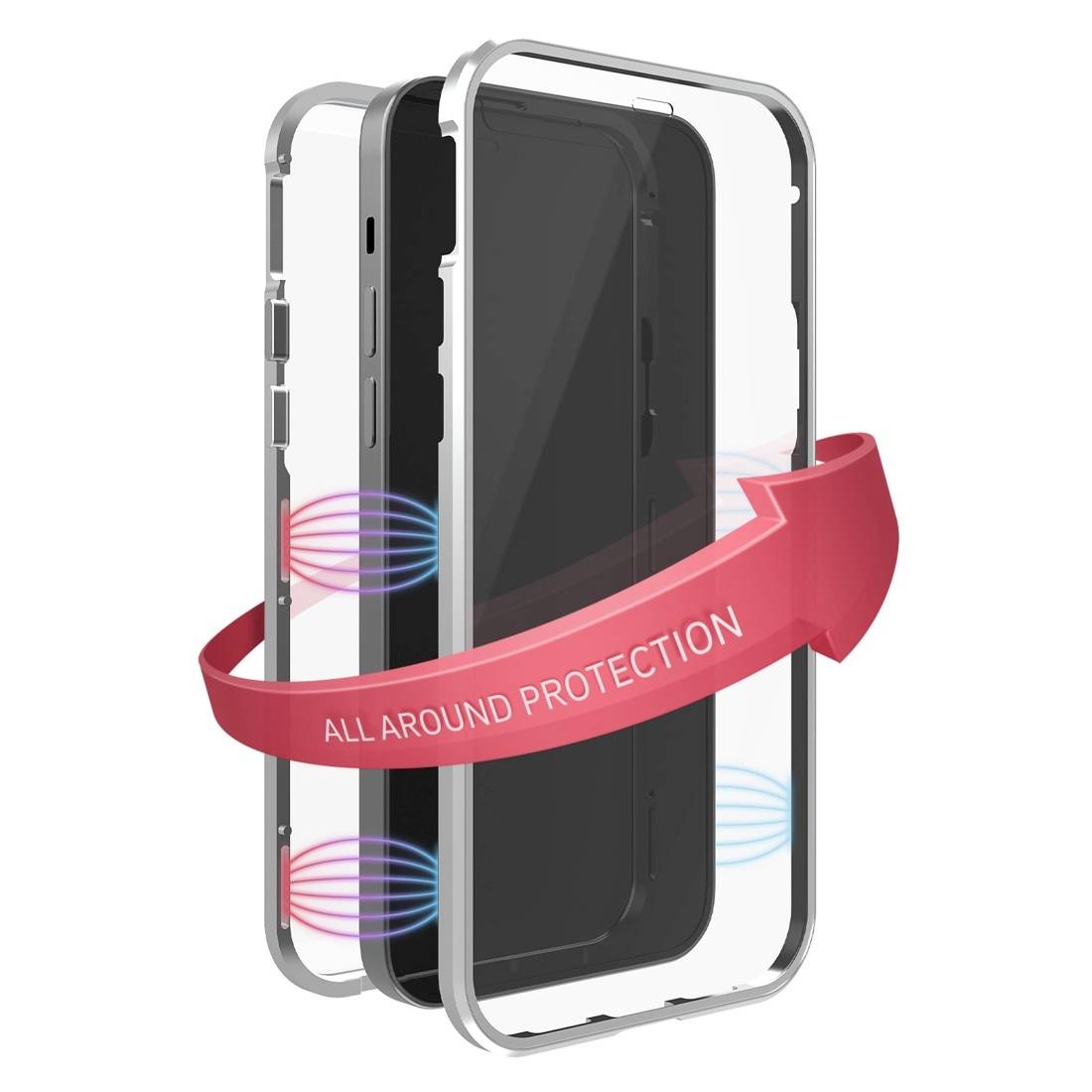 Étui de téléphone transparent avec un ruban rouge portant le texte 'Protection Intégrale' s'enroulant autour du téléphone.