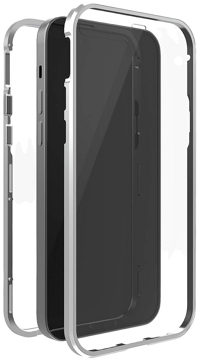 Une coque de smartphone transparente flotte devant un smartphone noir entouré d'un support-cadre argenté.