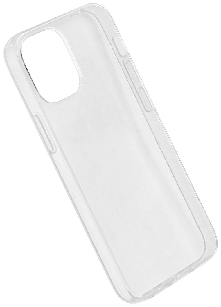 Coque de téléphone transparente en plastique, conçue pour un modèle de smartphone spécifique, présentant des découpes pour la caméra et les boutons de commande.